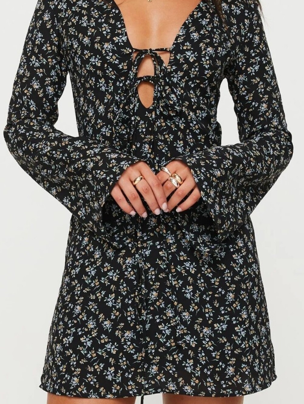 Princess Polly Black Floral Tie-Front Mini Dress Size 4